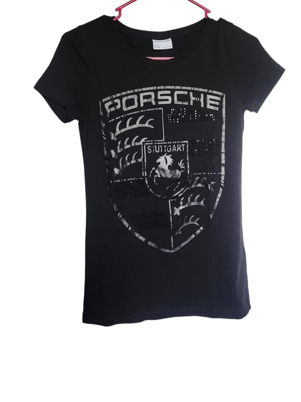 Porsche Drivers Selection Womens T Shirt Rhinestone Stuttgart Crest Graphic- XXS